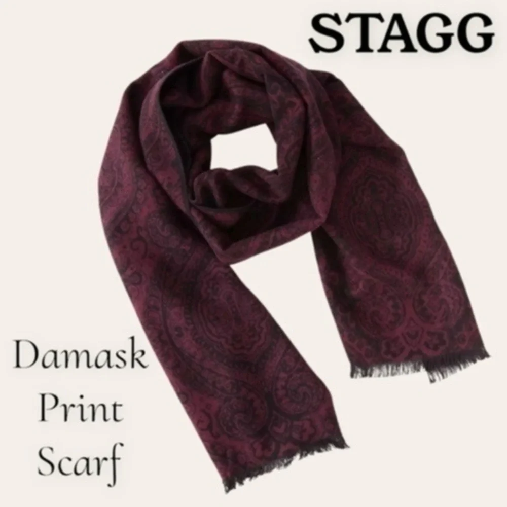 STAGG 70”L Damask Print Burgundy & Brown Viscose Raw Hems Scarf/Wrap NWT